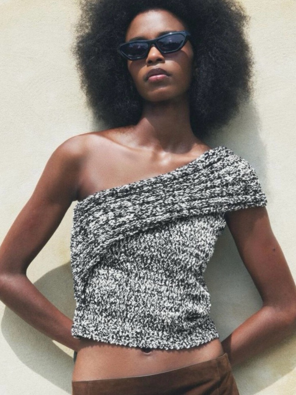 Zara Asymmetric Open Knit Marled Sweater Top Black White M NWT